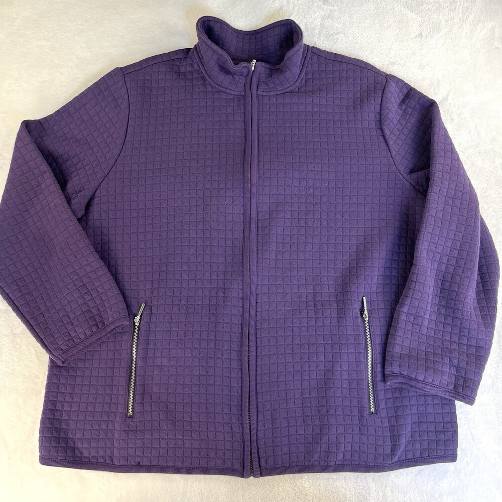 Karen Scott 2X Quilted Purple Zip Up Jacket Cardigan Mock Neck Sweater